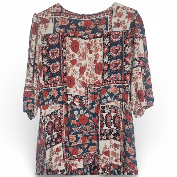 Boho Patchwork Floral Paisley Maxi Dress Vneck Tiered Puff Sleeve Red Navy Cream - Picture 9 of 12